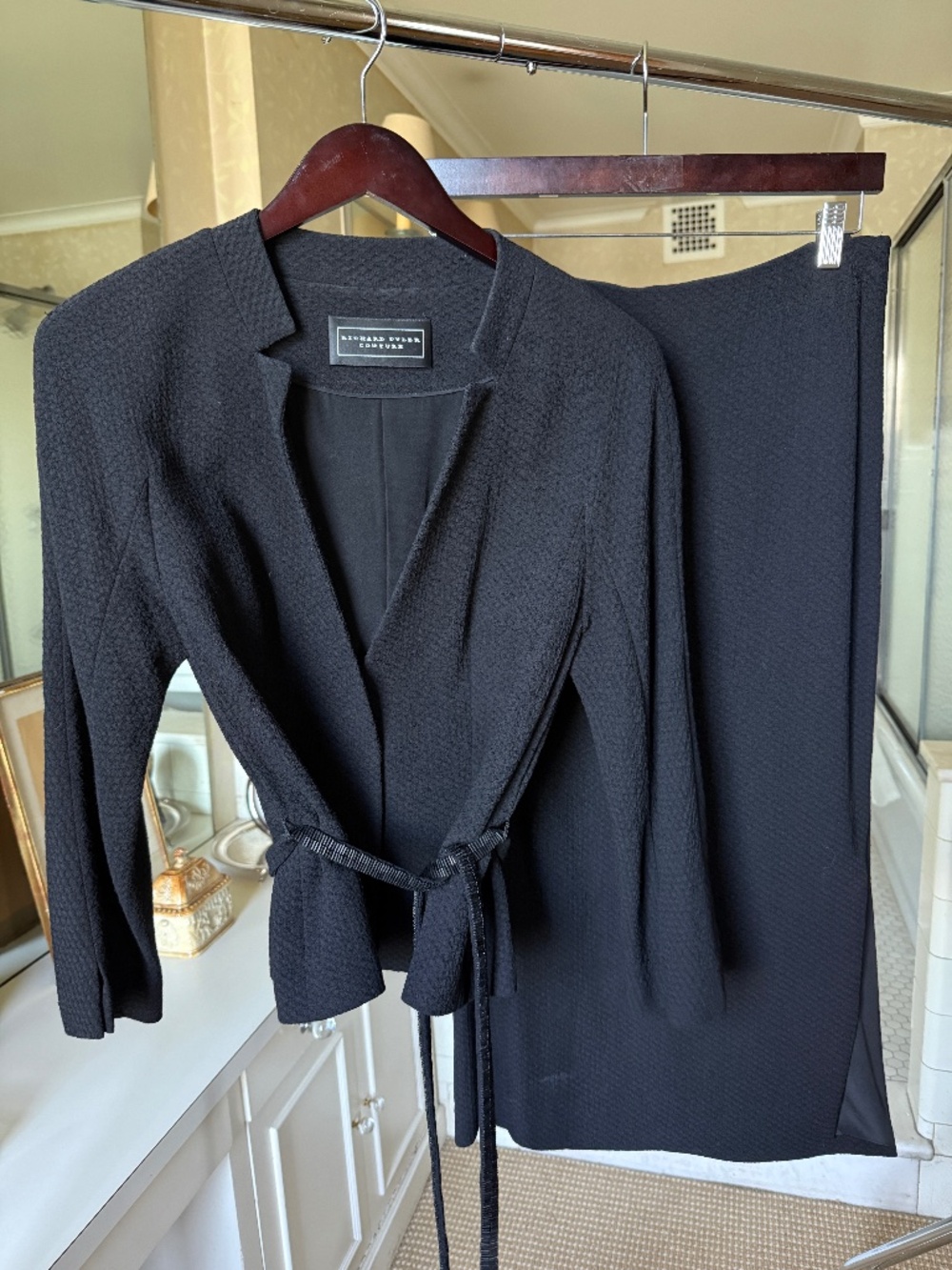 Richard Tyler Couture Black Textured Wool Skirt Suit Set